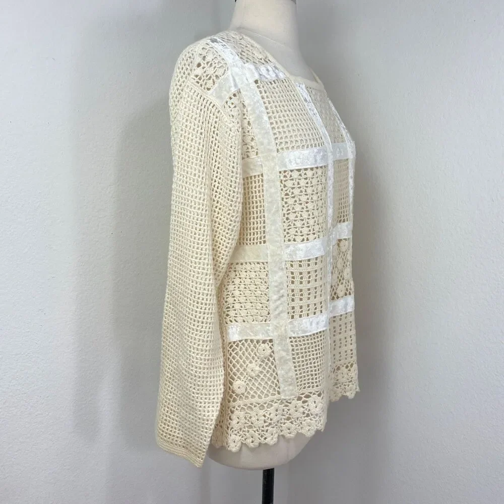 Otto Ivory Crochet Velvet Patchwork Top Large Long Sleeves Romantic Boho Whimsy